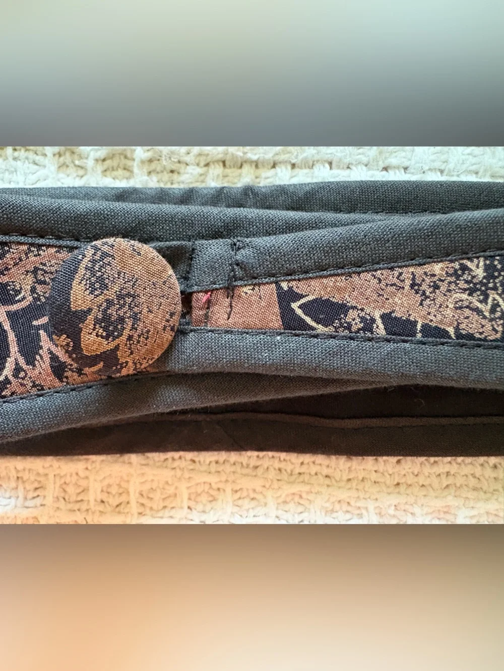 Hand made brown print & black cloth collar and belt set from Finland